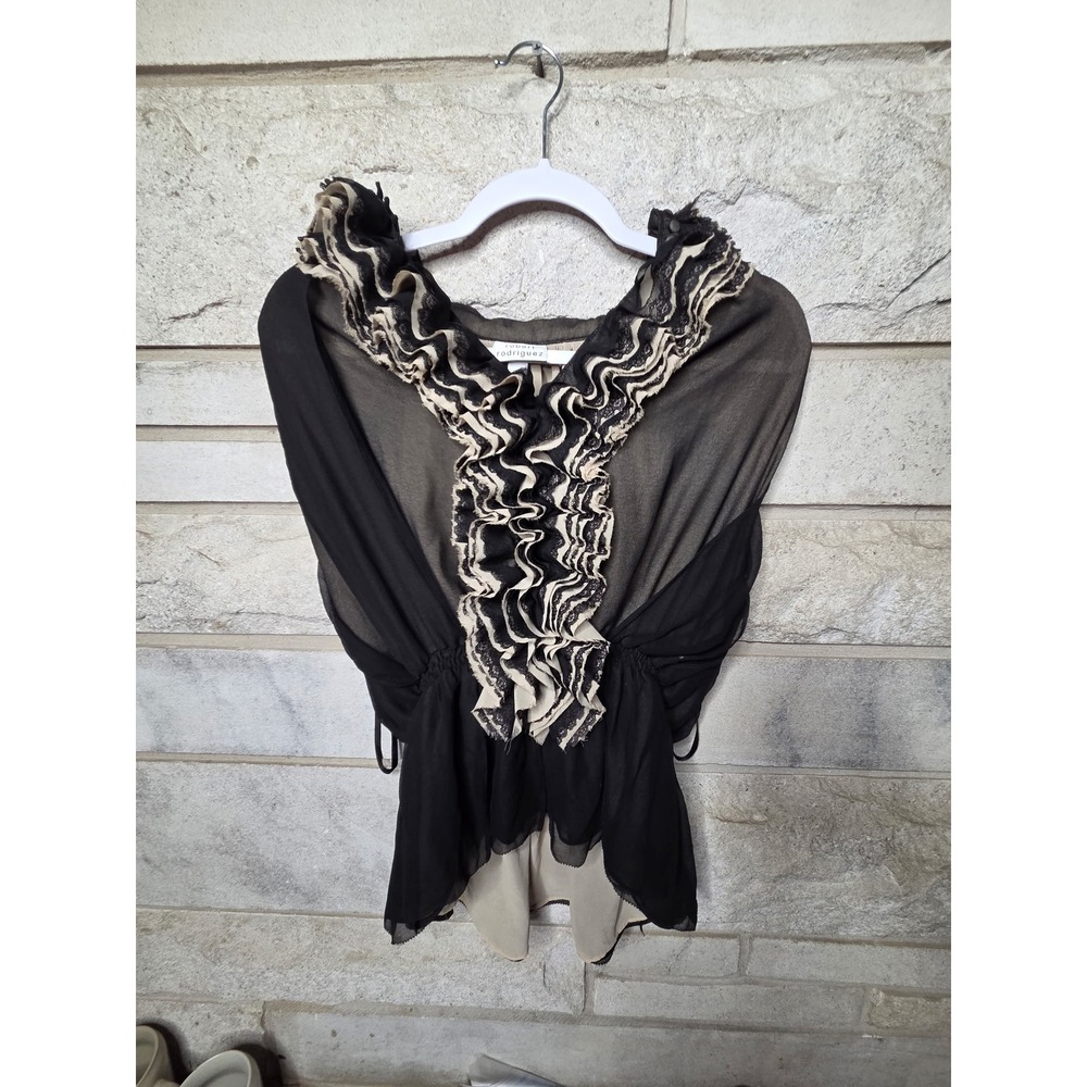 Robert Rodriguez Target Neiman Marcus Black Tan Ruffle Lace Chiffon Blouse S